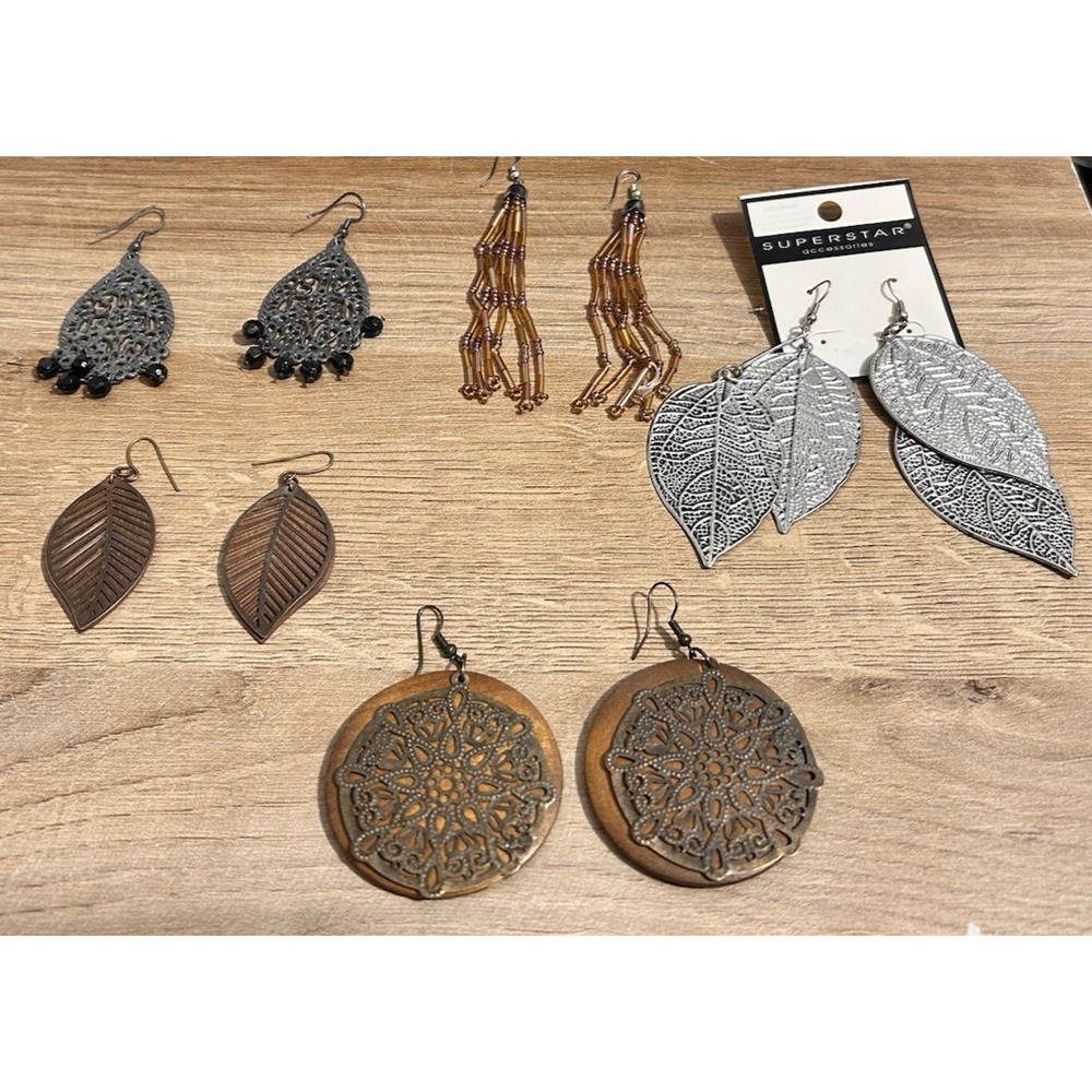 LOT of 5 Pairs Boho Pierced Earrings Bohemian Dangle Leaves Wood Metal